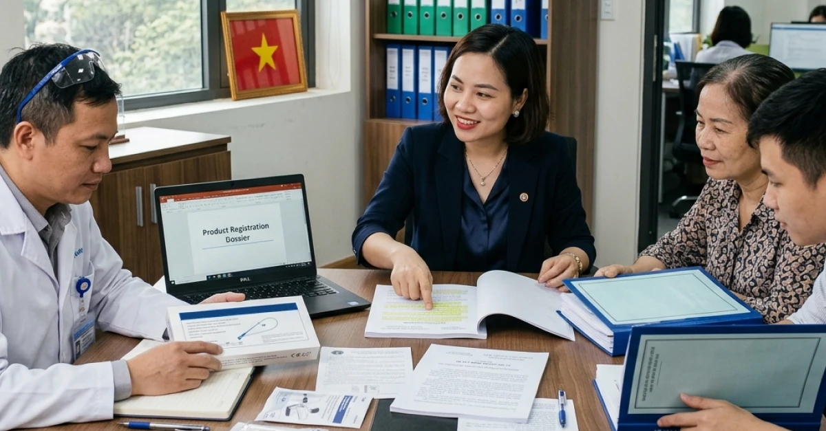 Four professionals sit around a meeting table reviewing printed documents and binders related to product registration and regulatory compliance. A laptop screen displays “Product Registration Dossier,” while one person points to highlighted sections.