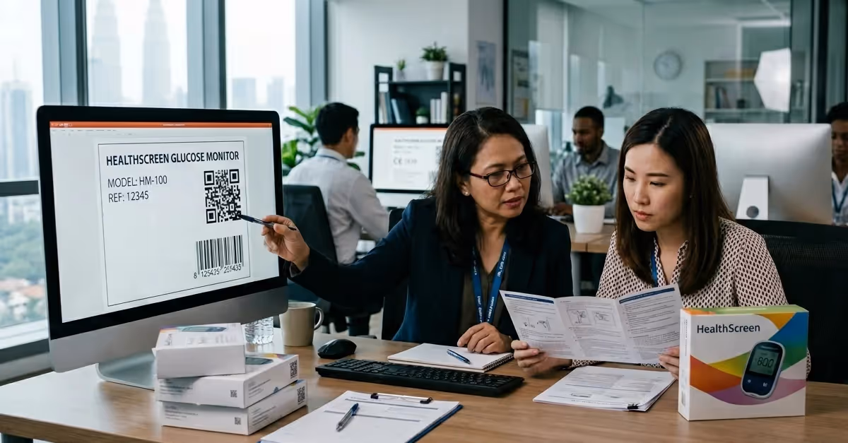 Two professionals in an office review documentation for a HealthScreen glucose monitor while examining a computer display showing a product label with model number, barcode, and QR code. One person points to the code on the screen as the other reads.
