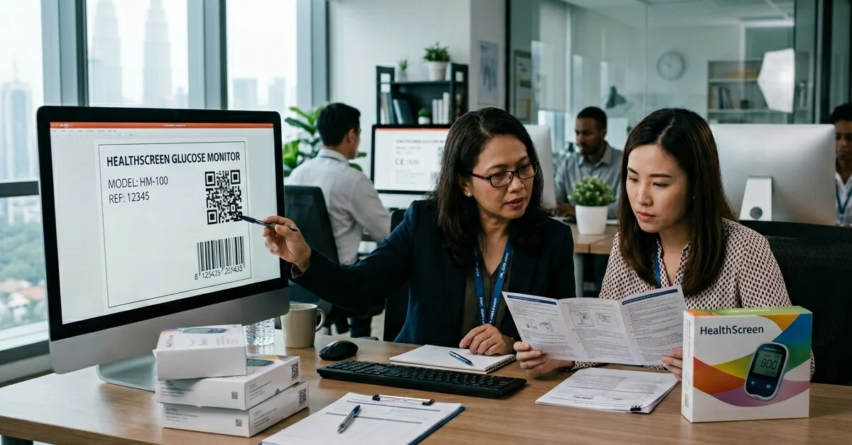 Two professionals in an office review documentation for a HealthScreen glucose monitor while examining a computer display showing a product label with model number, barcode, and QR code. One person points to the code on the screen as the other reads.