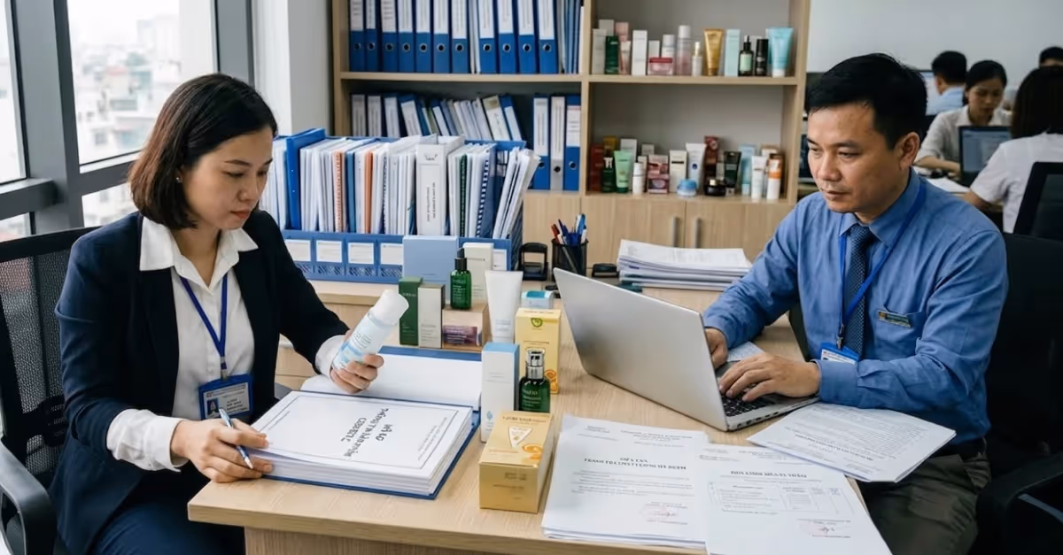 Two office professionals sit at a desk in an office reviewing cosmetic and skincare product packaging alongside printed documents and binders. One person examines a product bottle while the other works on a laptop, suggesting regulatory compliance review.