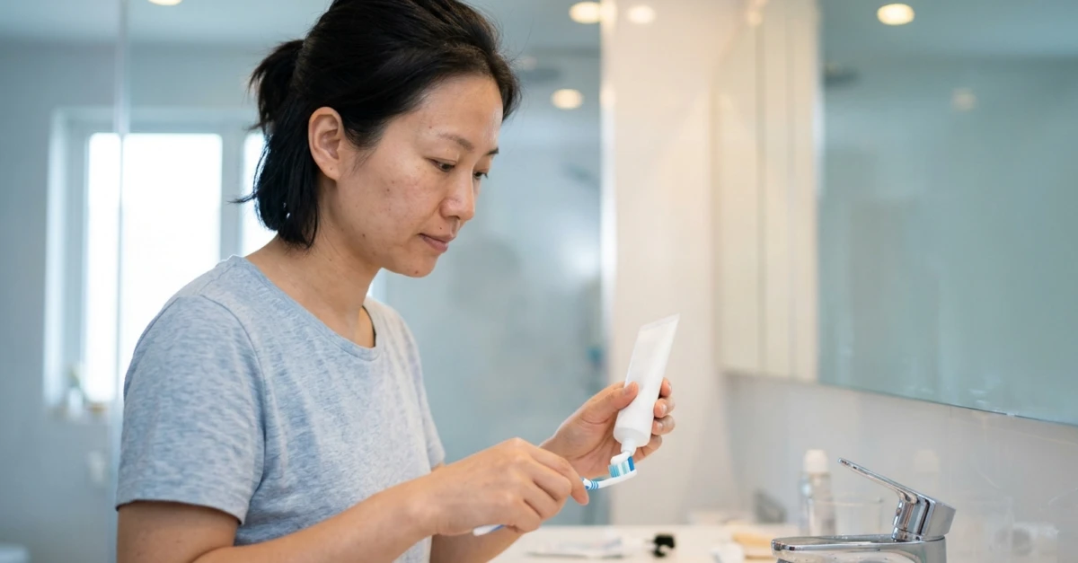 Person standing at a bathroom sink examining a cosmetic tube and applying a small amount of cream to a fingertip, suggesting a skincare routine or product check in a clean, modern setting; relevant to consumer product use and safety evaluation.