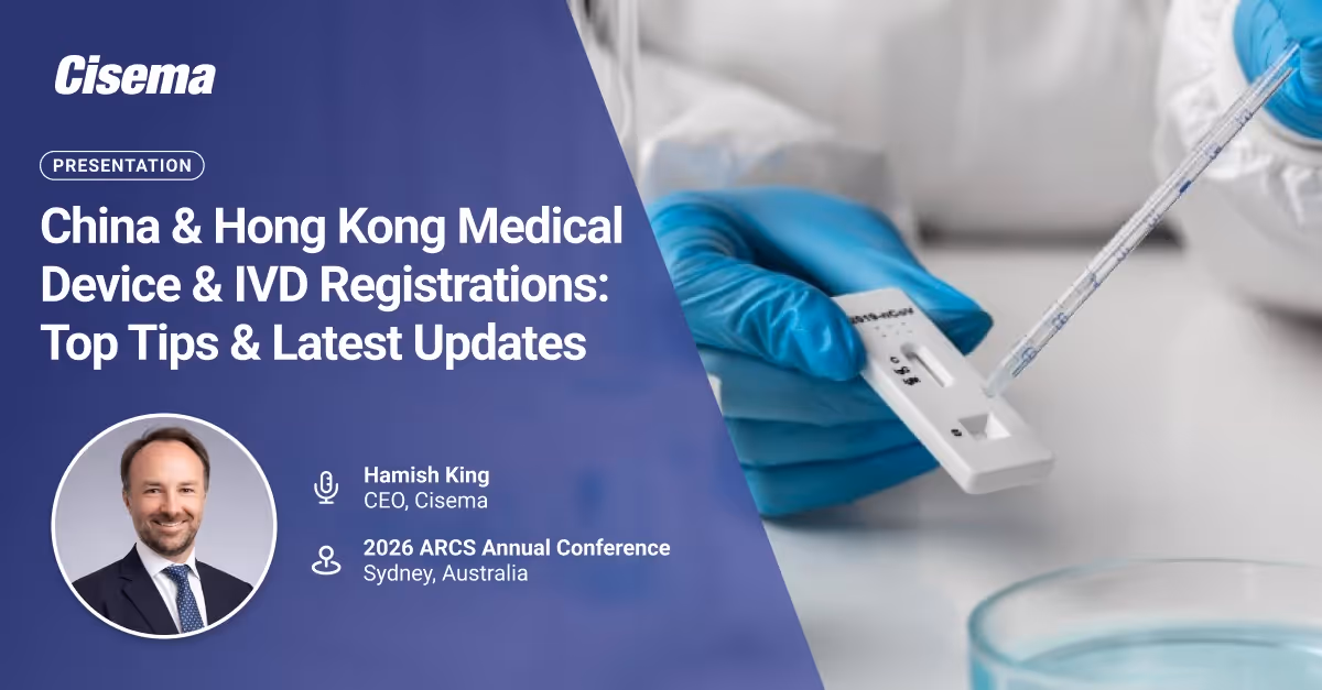 Promotional webinar banner from Cisema about China and Hong Kong medical device and IVD registrations, showing a gloved laboratory professional using a pipette to add liquid to a rapid diagnostic test cassette beside a petri dish. The graphic highlights re