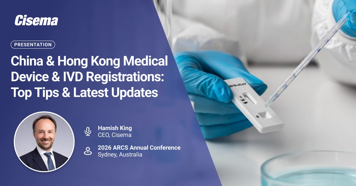 Promotional webinar banner from Cisema about China and Hong Kong medical device and IVD registrations, showing a gloved laboratory professional using a pipette to add liquid to a rapid diagnostic test cassette beside a petri dish. The graphic highlights re