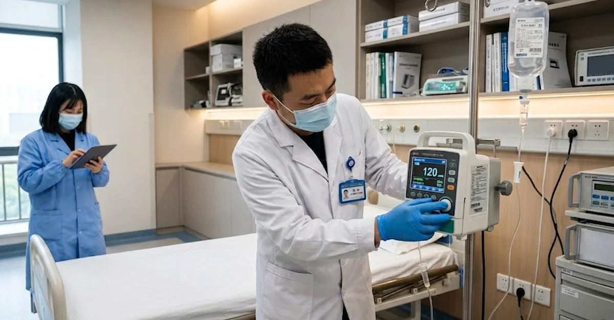 Clinician adjusts IV pump in hospital room while colleague records data, illustrating medical device use and compliance.