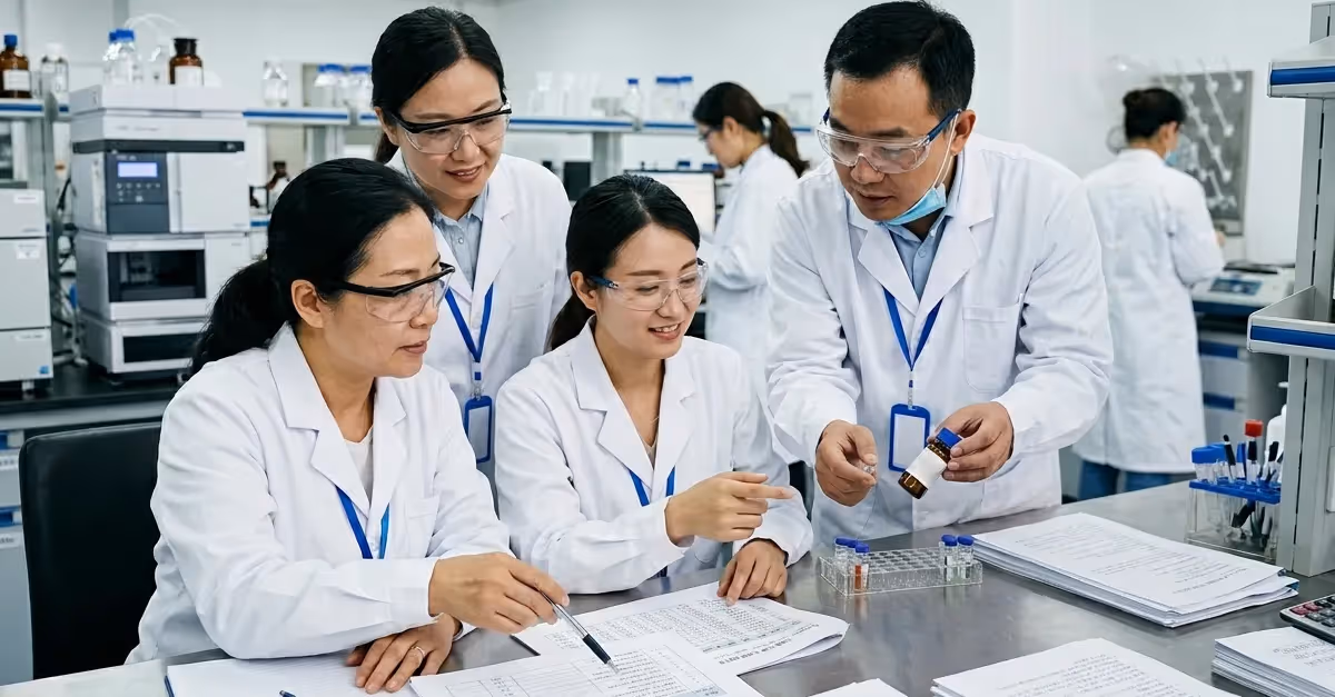 Chinese scientists gathered around a bottle of medicine
