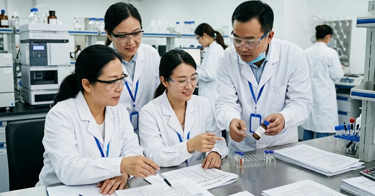 Chinese scientists gathered around a bottle of medicine