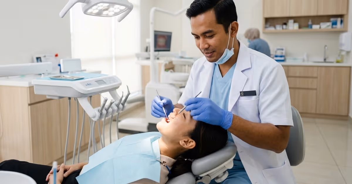 Malaysian dentist with a patient in a well lit dental clinic.