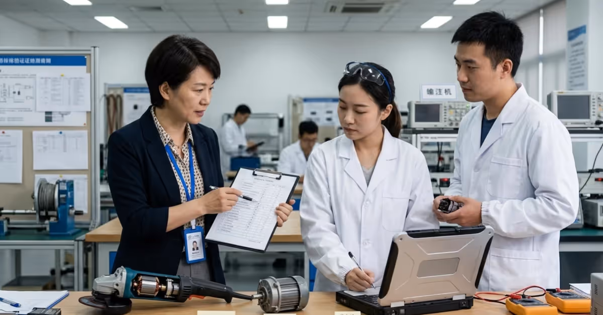 Chinese certification laboratory where two engineers and one compliance inspector are reviewing electrical product samples for CCC certification