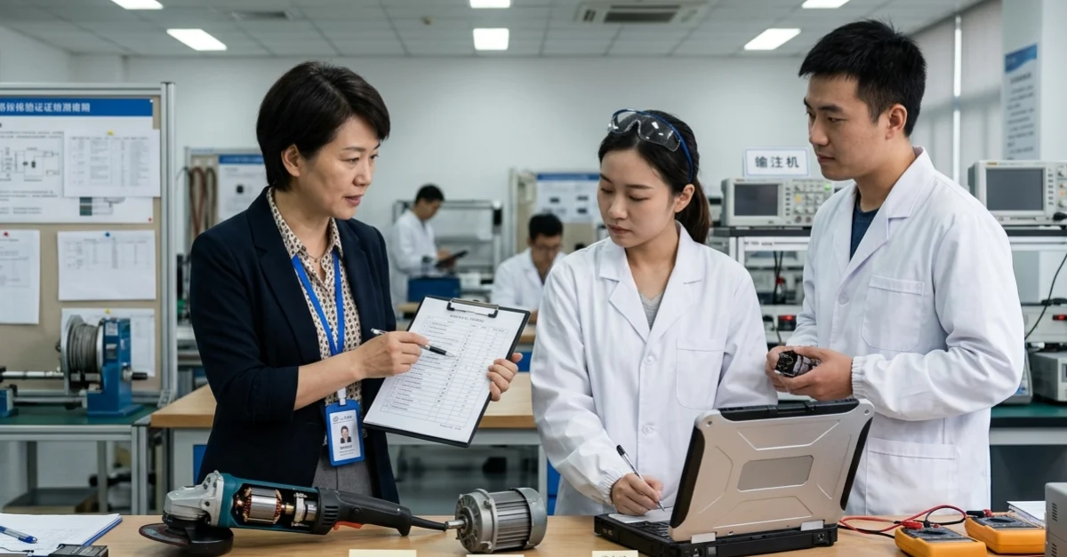 Chinese certification laboratory where two engineers and one compliance inspector are reviewing electrical product samples for CCC certification