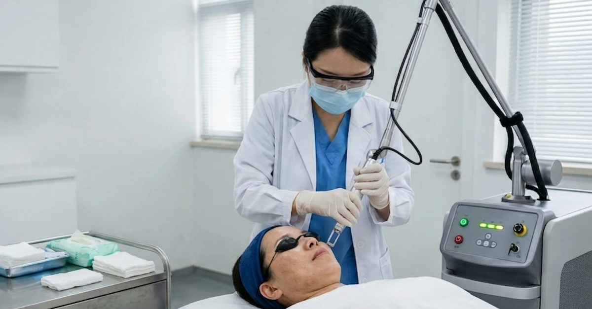 dermatology treatment room in a modern Chinese hospital, medium shot: a licensed clinician in medical scrubs and protective eyewear performing a laser skin procedure using a professional Nd:YAG laser system