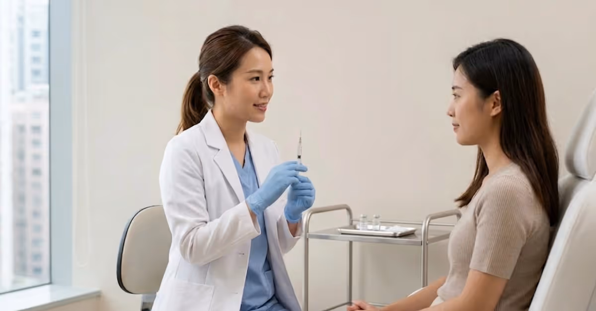 Minimalist, well-lit medical aesthetics clinic in Hong Kong. An Asian female doctor in a simple white coat and disposable gloves sits beside a female patient, holding a single unbranded prefilled syringe at chest level.
