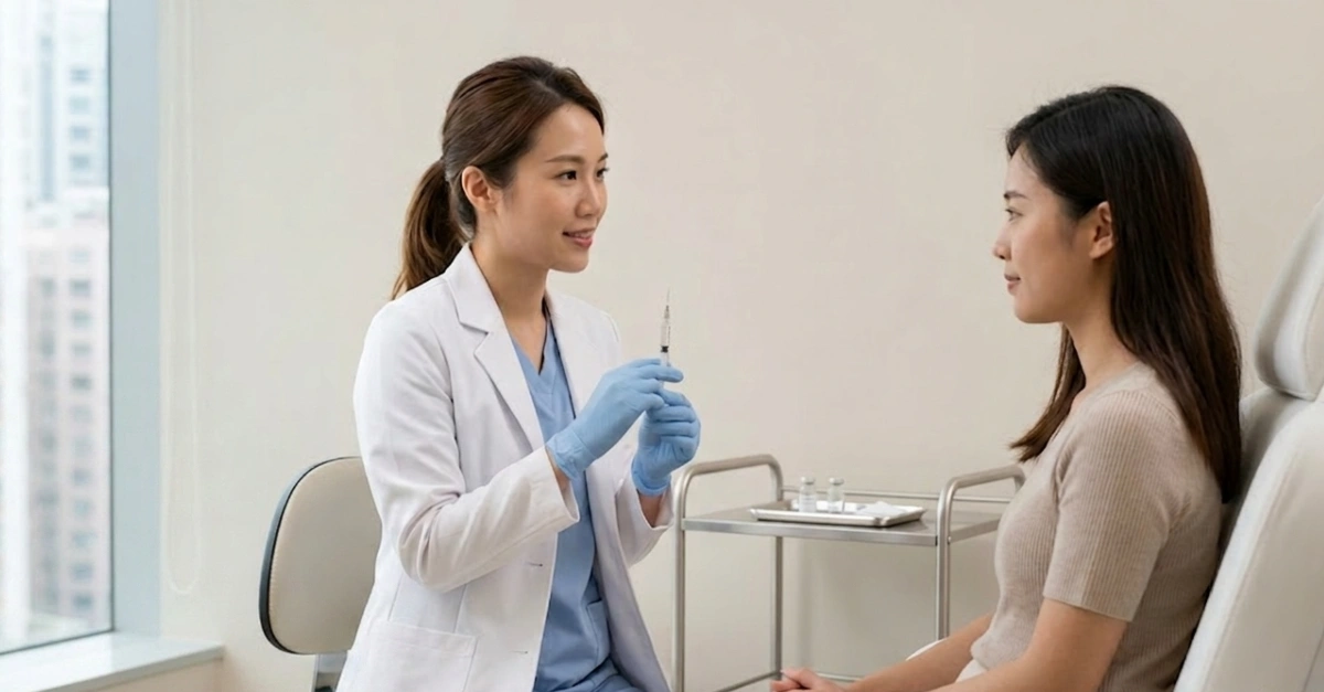 Minimalist, well-lit medical aesthetics clinic in Hong Kong. An Asian female doctor in a simple white coat and disposable gloves sits beside a female patient, holding a single unbranded prefilled syringe at chest level.