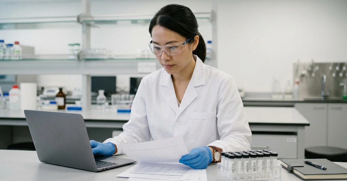 A single Asian scientist in their 30s wearing a lab coat, safety glasses, and nitrile gloves seated at a tidy bench in a modern pharmaceutical laboratory in Hong Kong, calmly reviewing a few printed documents while referencing a simple laptop screen
