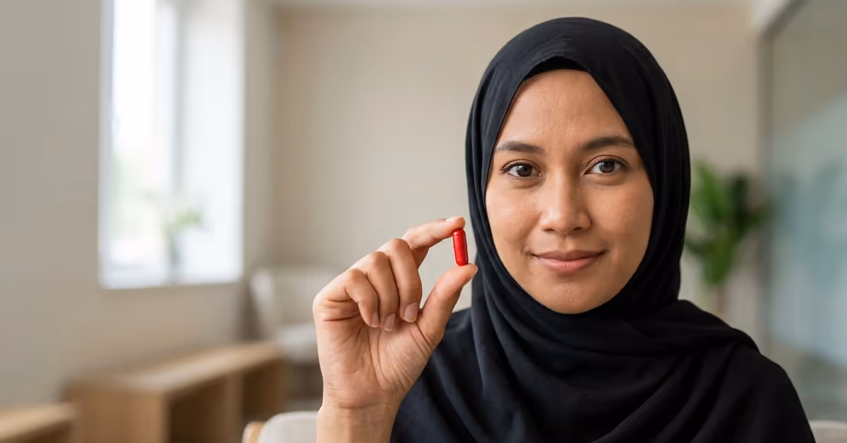 A person dressed in a flowing black hijab holds a small red capsule delicately between their fingers, presenting it toward the camera. Their expressive eyes are sharply focused forward, while the softly blurred background.