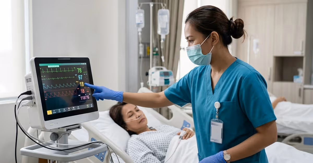 Ultra-photorealistic stock photo of a modern patient monitoring device in active clinical use inside a contemporary Malaysian hospital room.