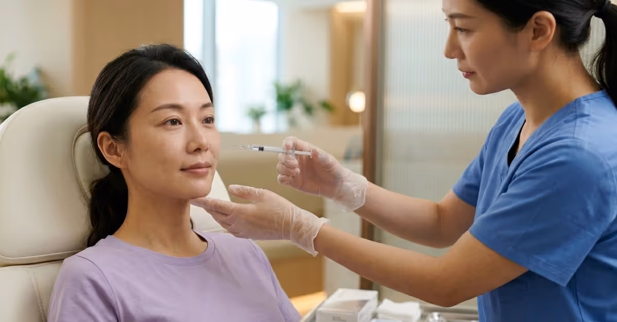 Stock photo of a Chinese woman seated in a modern medical aesthetics clinic just seconds before receiving dermal filler treatment