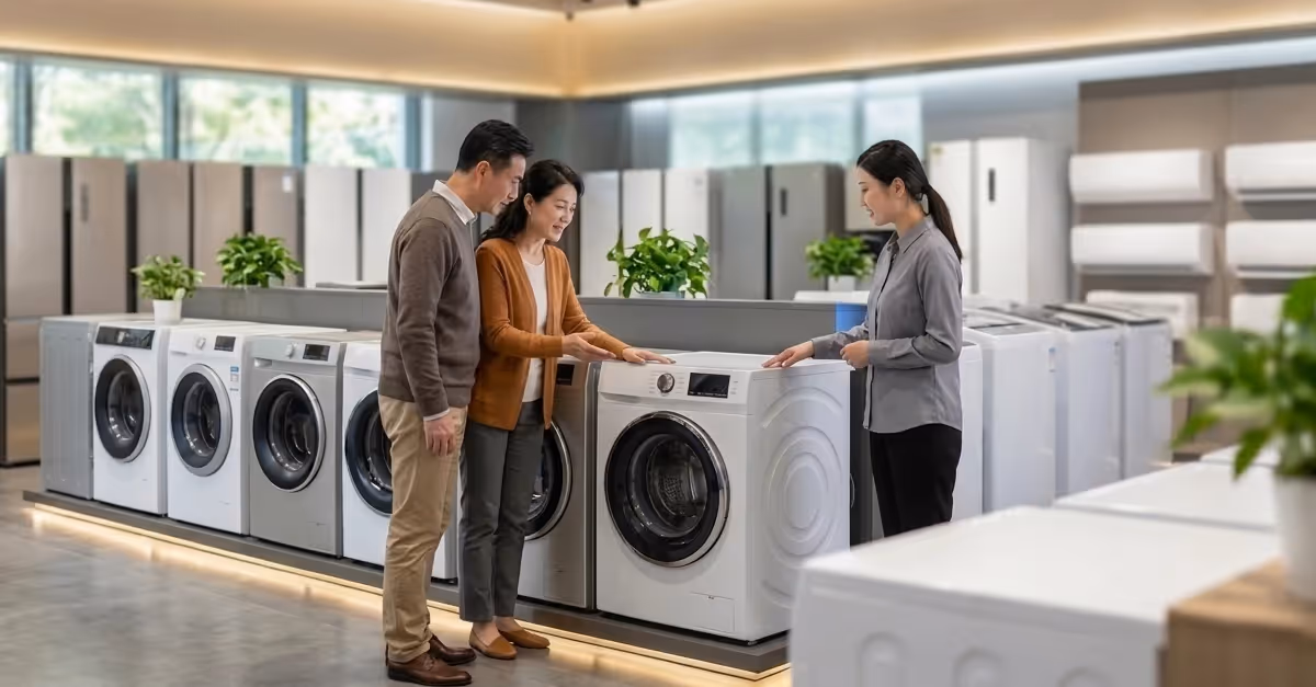 A consumer electronics and home appliance retail showroom in China, featuring rows of washing machines, washer-dryers, refrigerators, and air conditioners displayed in a bright, upscale store environment. A middle-aged couple carefully compares appliances.