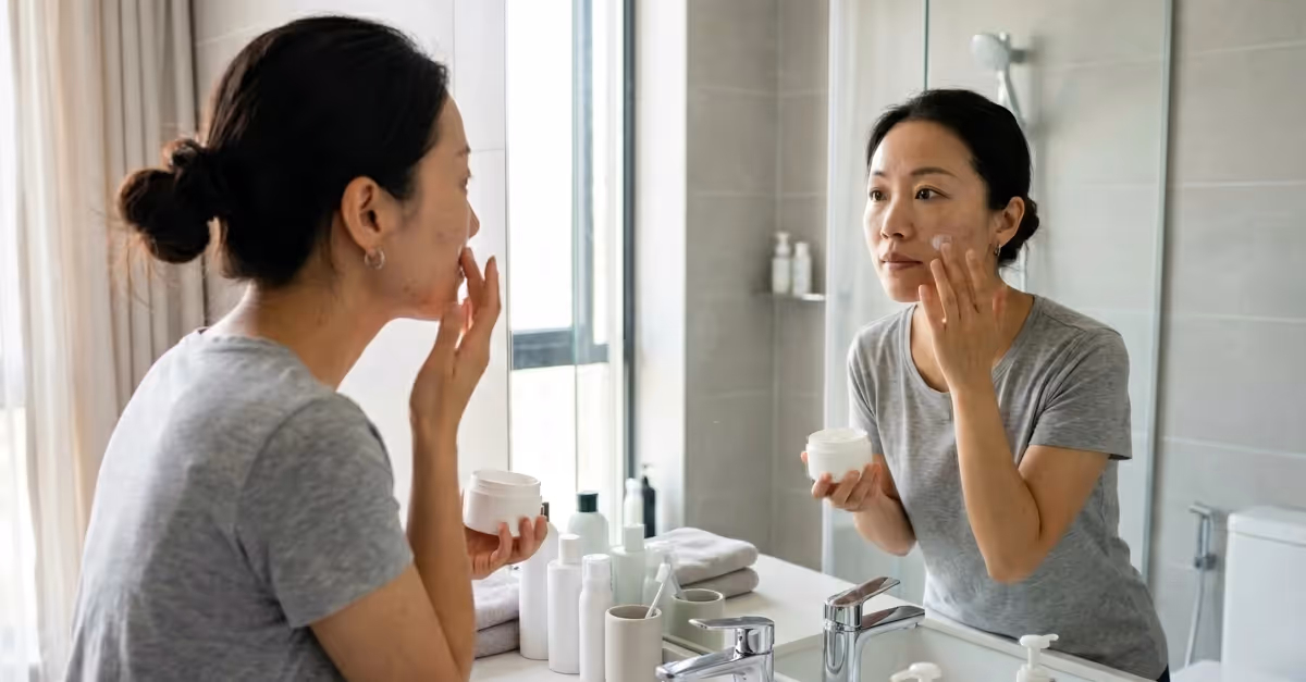 Chinese consumer in her early 30s standing in a bright modern bathroom, calmly applying facial moisturizer from a plain unbranded cosmetic container while looking into a mirror.