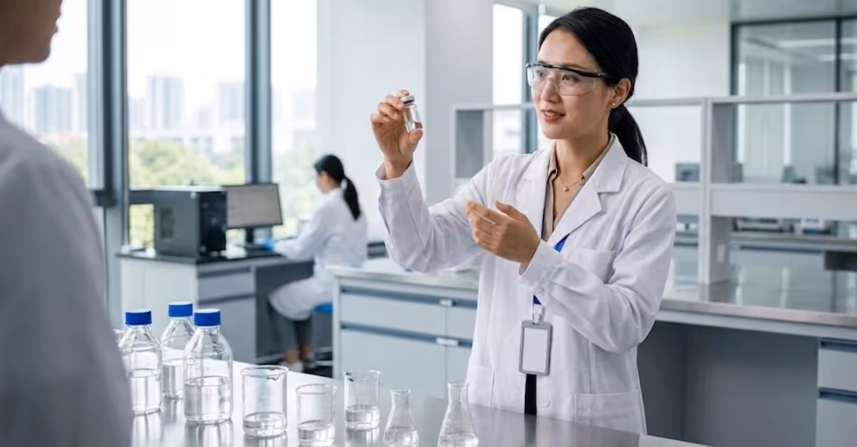 Pharmaceutical scientist in a modern drug development laboratory in China, standing beside a clean laboratory bench while examining a small sample vial and discussing research with a colleague
