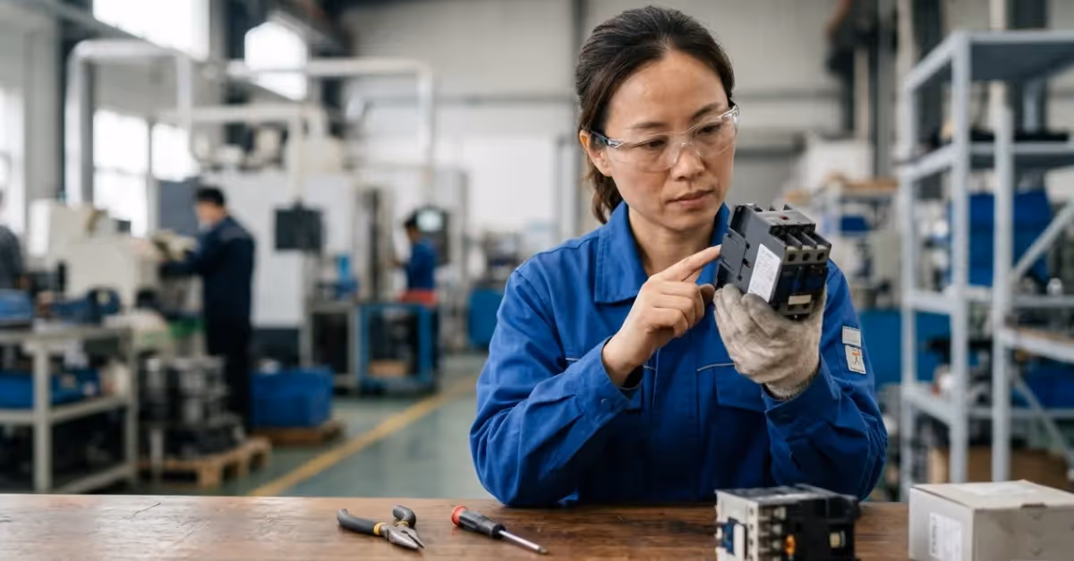 Electrical technician in a modern industrial facility in China holding a low-voltage contactor and visually inspecting it at a workbench