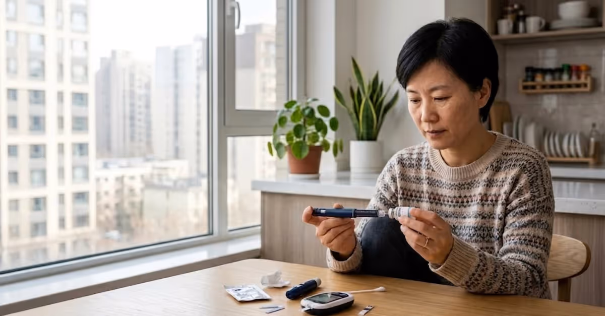 A Chinese adult with diabetes seated at a kitchen table in a bright contemporary apartment, carefully preparing an insulin injection using an insulin pen beside a blood glucose meter and prescription supplies.