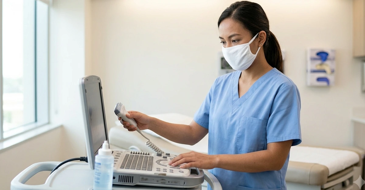 unbranded portable ultrasound system being prepared for use by a Southeast Asian healthcare professional in a bright, modern outpatient healthcare setting