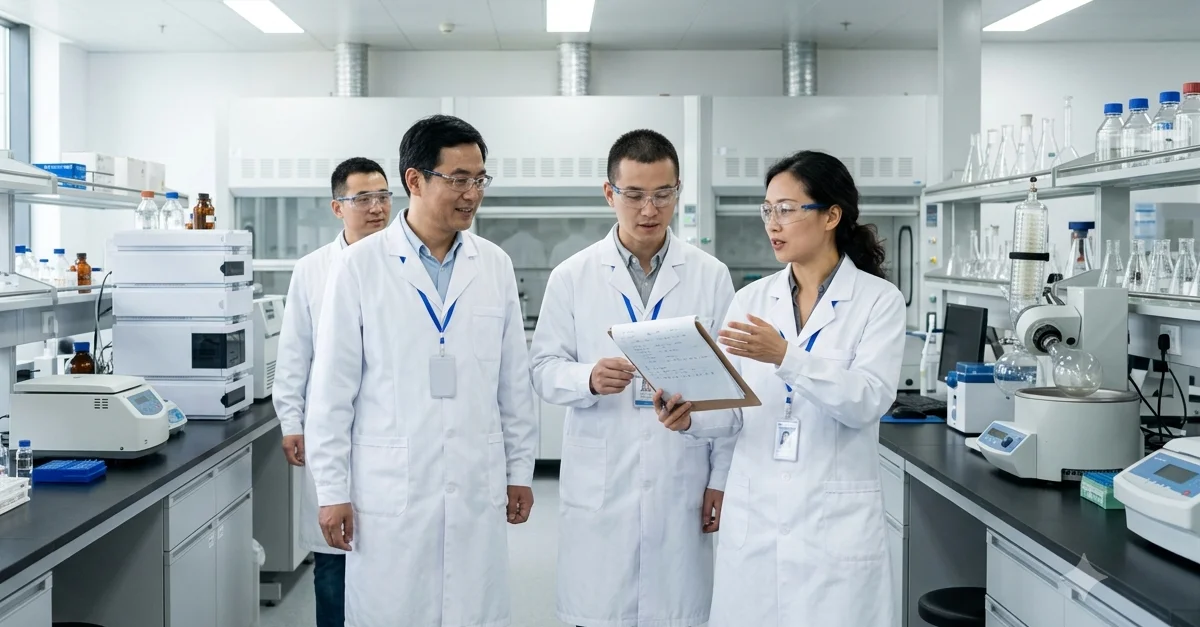 Chinese pharmaceutical scientists and drug development professionals walking through a bright modern pharmaceutical laboratory.