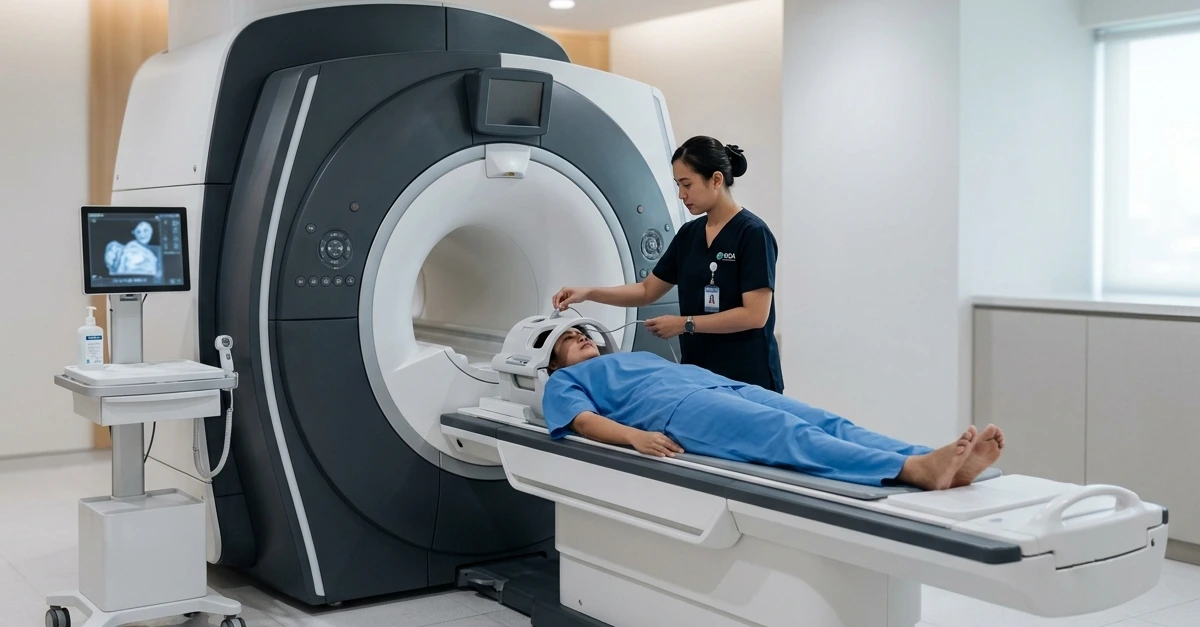 Stock photo of an advanced magnetic resonance imaging (MRI) scanner in a modern Indonesian hospital