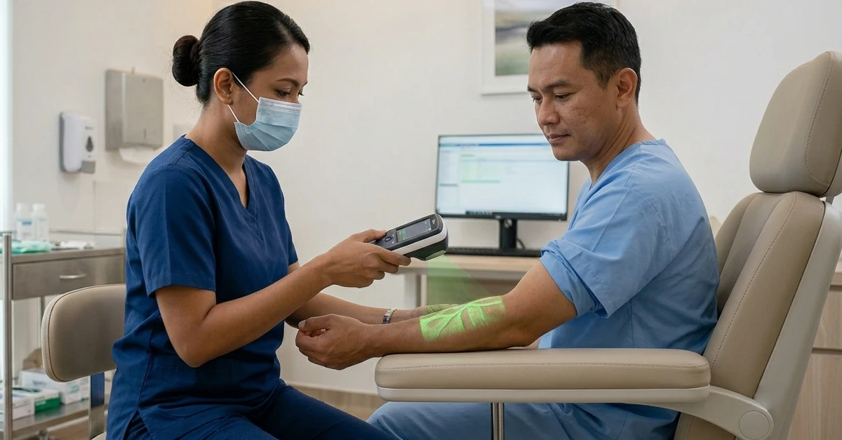 stock photo of an advanced handheld vein visualization device being used by a Malaysian nurse in a modern private hospital treatment room in Malaysia