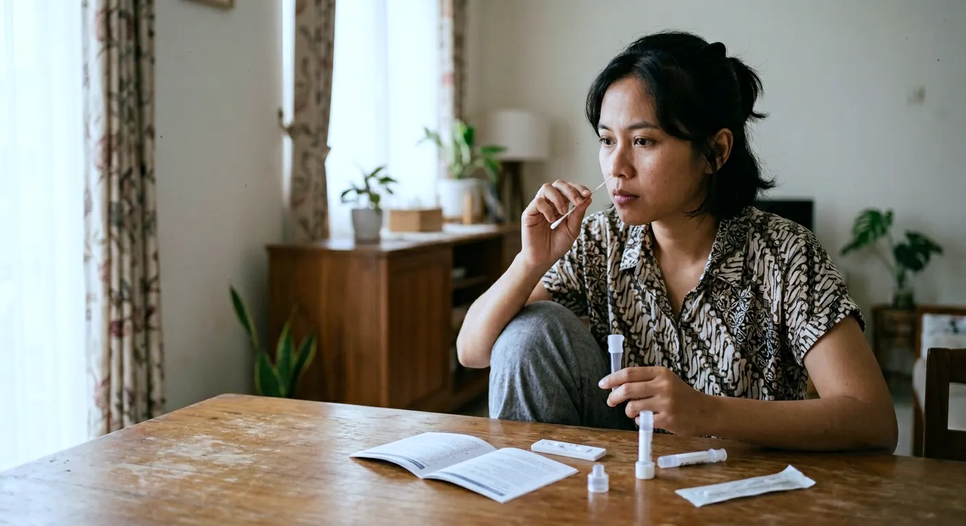 Indonesian adult at home in Indonesia performing a COVID-19 rapid antigen self-test,