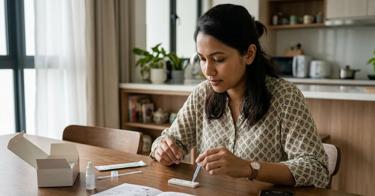 Malaysian adult using a home in vitro diagnostic (IVD) test kit at a dining table in a modern middle-class Malaysian apartment