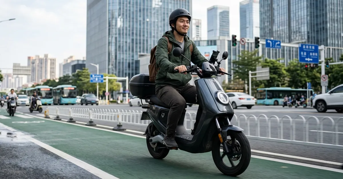 Chinese adult riding an electric bicycle on a clean urban street in a modern Chinese city.