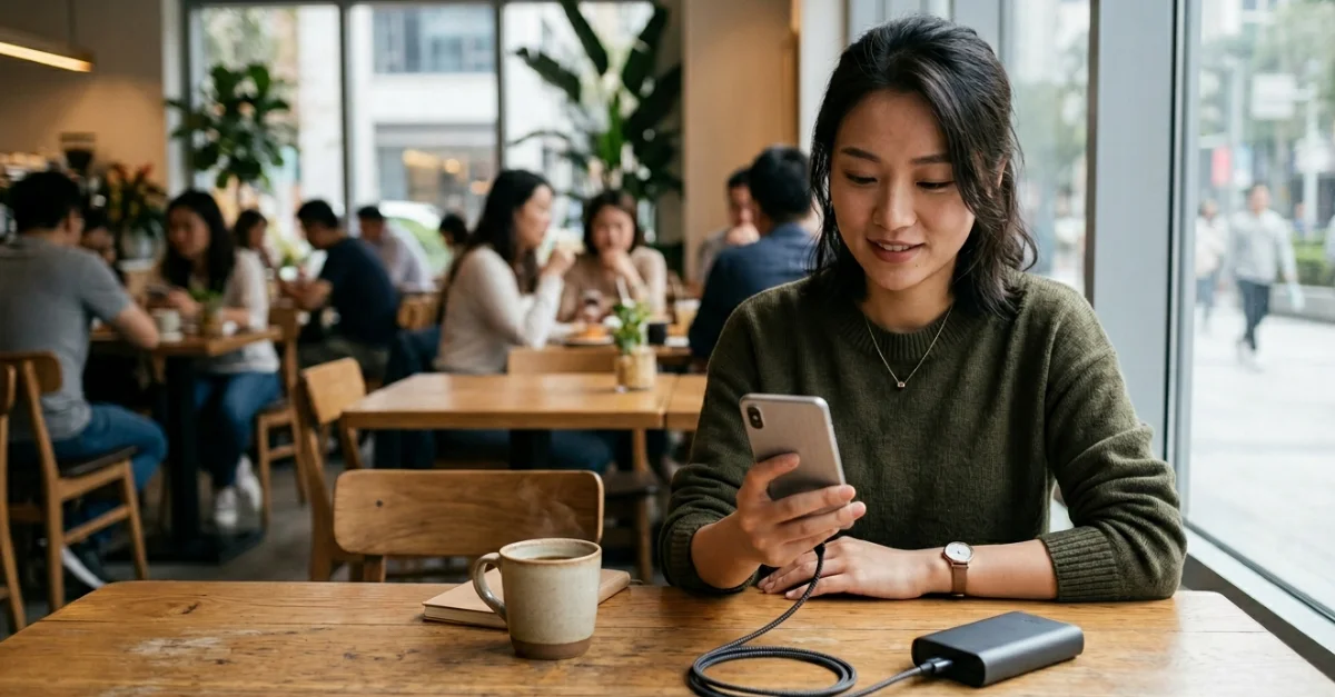 Chinese young professional seated at a table in a modern café, calmly charging a smartphone with a compact power bank connected by a cable