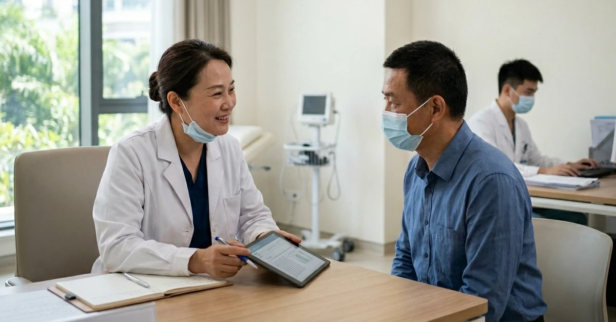 A clinical trial in Hainan, China, inside a clinical research consultation room at a  hospital. A Chinese doctor in a white lab coat seated across from an adult study participant discussing routine trial procedures, a second researcher reviewing data.