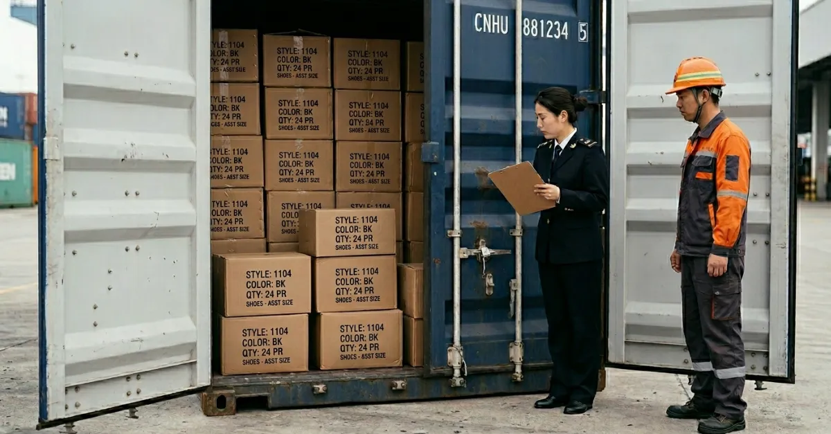 Chinese customs officer standing beside a single shipping container at a cargo inspection area in China