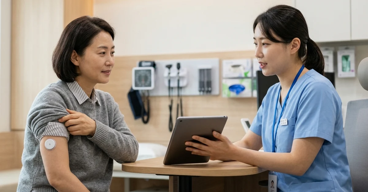 Stock photo of an adult South Korean patient wearing a continuous glucose monitor (CGM) on the upper arm during a routine appointment in a modern hospital outpatient clinic
