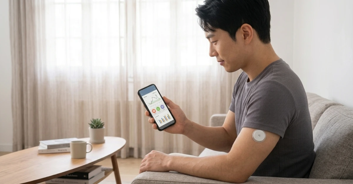 Stock photo of a Korean man in his early 30s sitting comfortably in a bright, contemporary apartment in South Korea, casually reviewing a health monitoring app on his smartphone while wearing a small continuous glucose monitor (CGM) sensor on his arm.