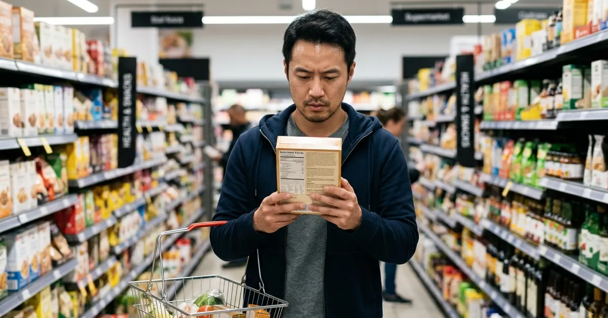 Stock photo of an adult Chinese man in his 30s standing in a modern supermarket aisle, carefully reading the nutrition and ingredient label on a prepackaged food.
