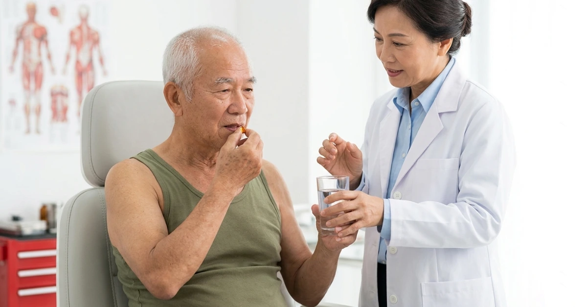 Stock photograph inside a bright, modern hospital clinical research consultation room in Taiwan. A Taiwanese clinical research physician in a white lab coat sits across from a Taiwanese adult trial participant.