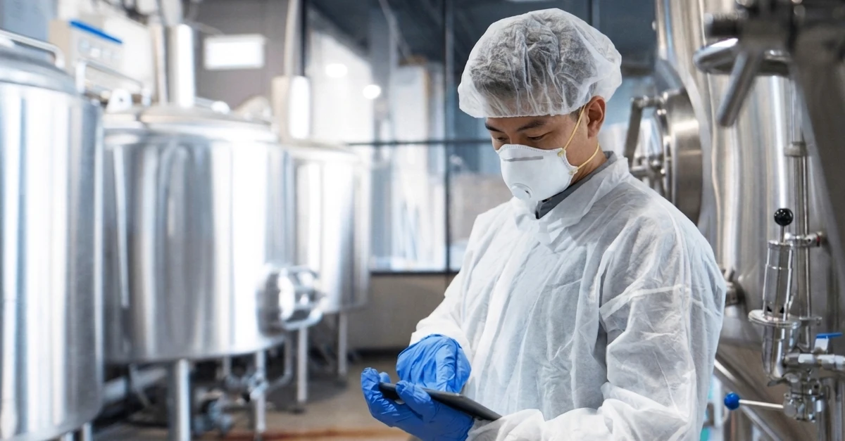 medium shot of a Singaporean male worker inside a clean, modern manufacturing facility.