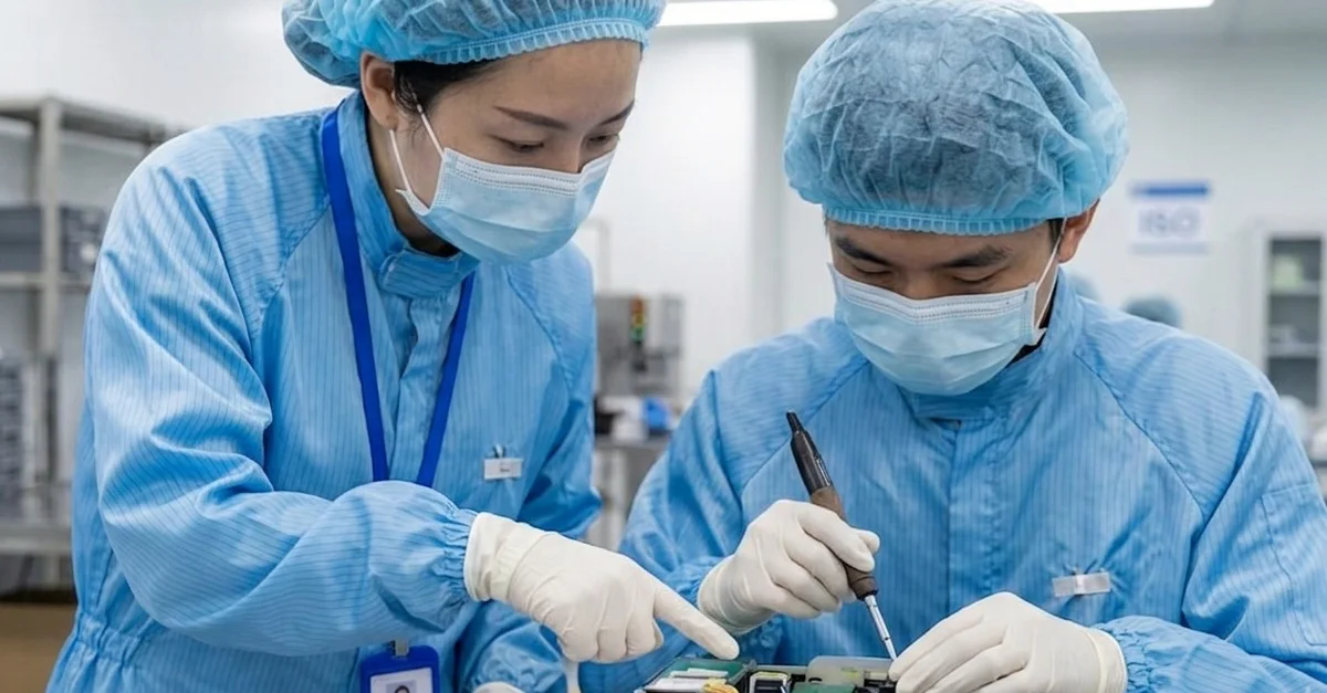 Stock photograph inside a modern medical device manufacturing facility in China, a Chinese quality assurance engineer wearing a cleanroom gown, hair cover, and appropriate cleanroom attire standing beside a production technician.