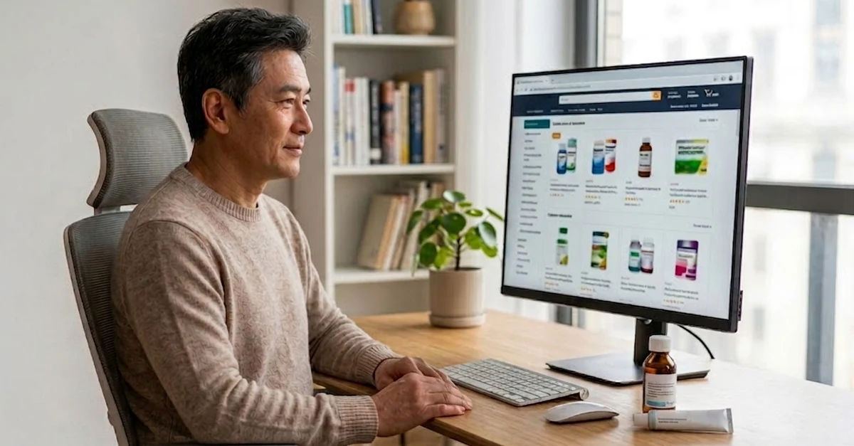 A middle-aged Chinese man with graying hair sitting at a wooden desk in a bright home office, looking at an e-commerce pharmacy website on a large computer monitor.