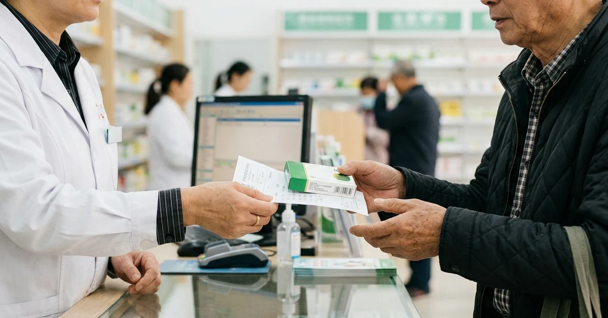 An editorial, documentary-style stock photo focuses on the hands of a pharmacist in a white coat handing a printed prescription and a green medication box to an elderly patient across a wooden service counter.