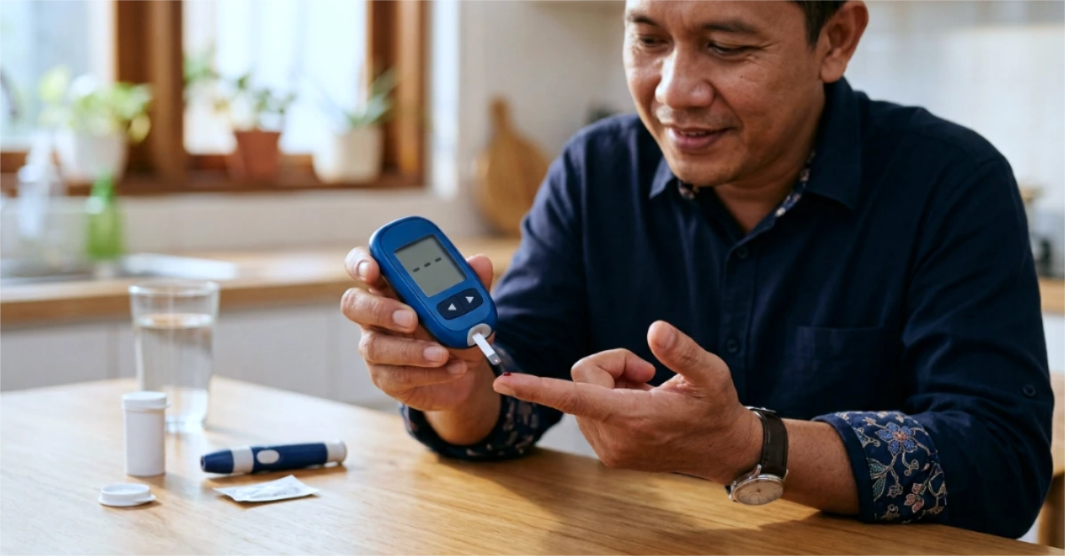 Stock photograph of an Indonesian adult man performing a routine blood glucose test at home, one hand holding a blue handheld blood glucose meter with a test strip inserted while the other hand gently presents an index finger