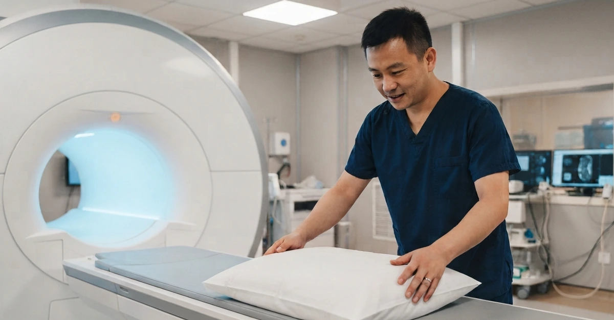 Chinese male MRI technician in a clinical, sterile medical imaging room. The man has a warm, focused expression and is wearing a dark blue medical-style t-shirt