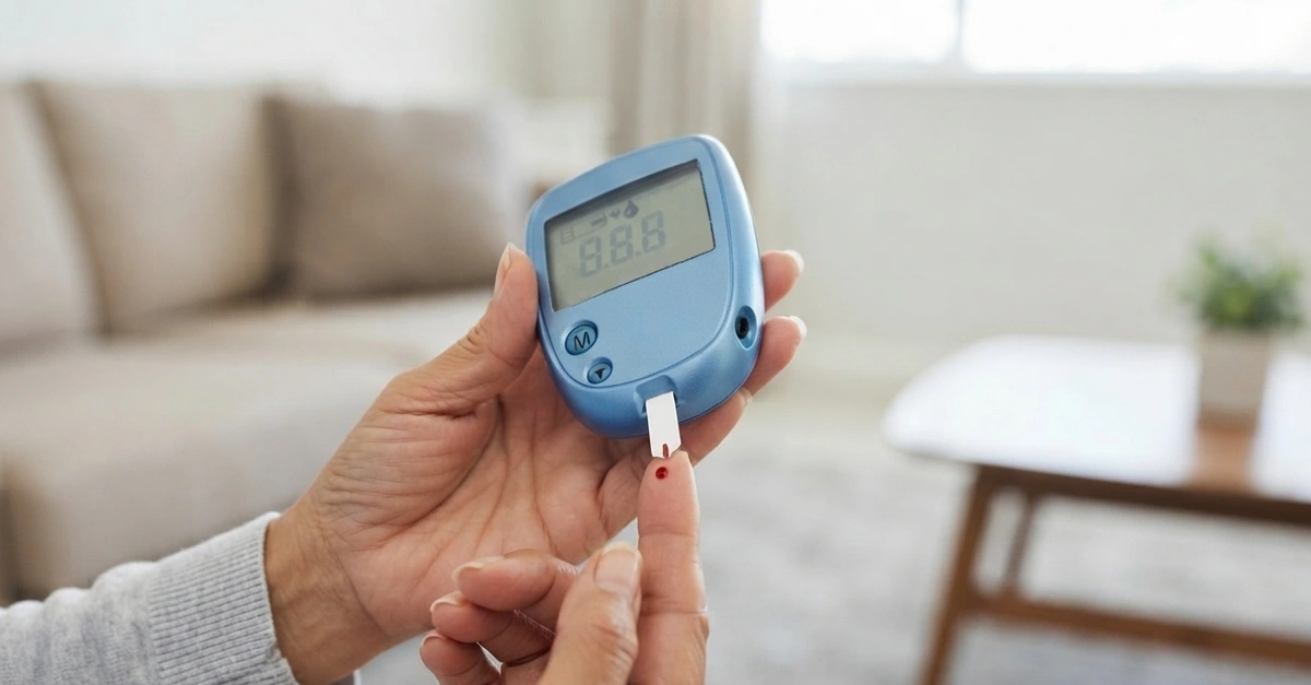 Person using a blood glucose monitor at home.