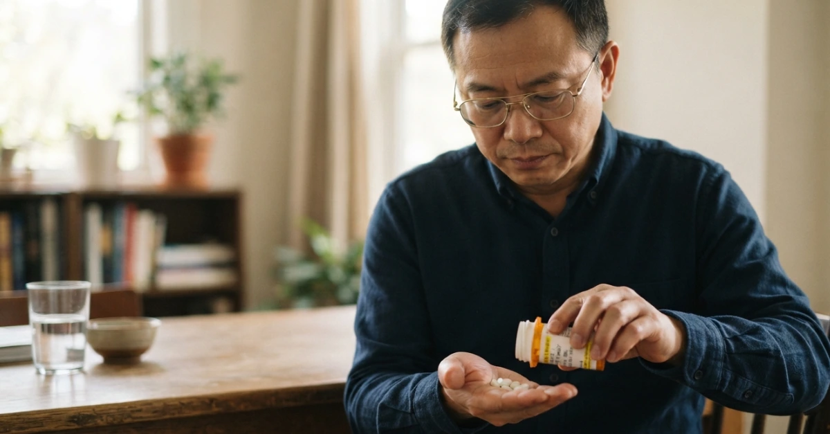 A middle-aged man with glasses is looking down thoughtfully as he pours medication or pills from a small white bottle with a yellow label into his open palm.