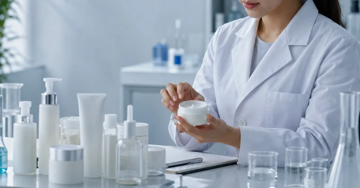 Scientist in clean modern room inspects cosmetics.