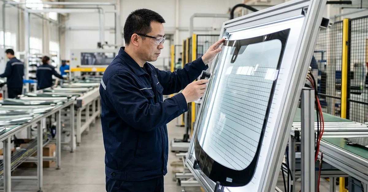 Worker inspects automotive safety glass