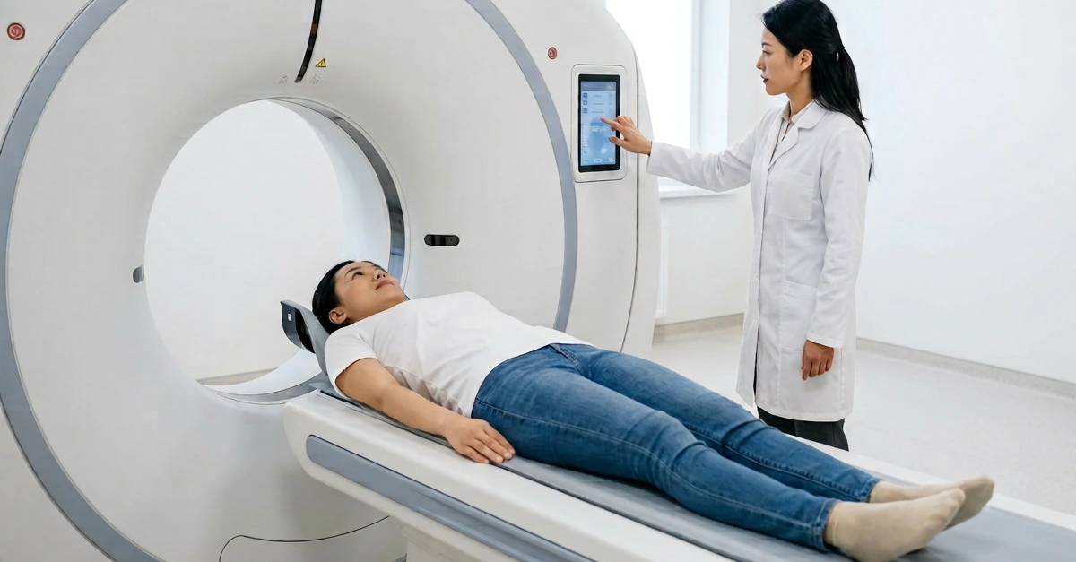 Physician operates CT machine for a patient.